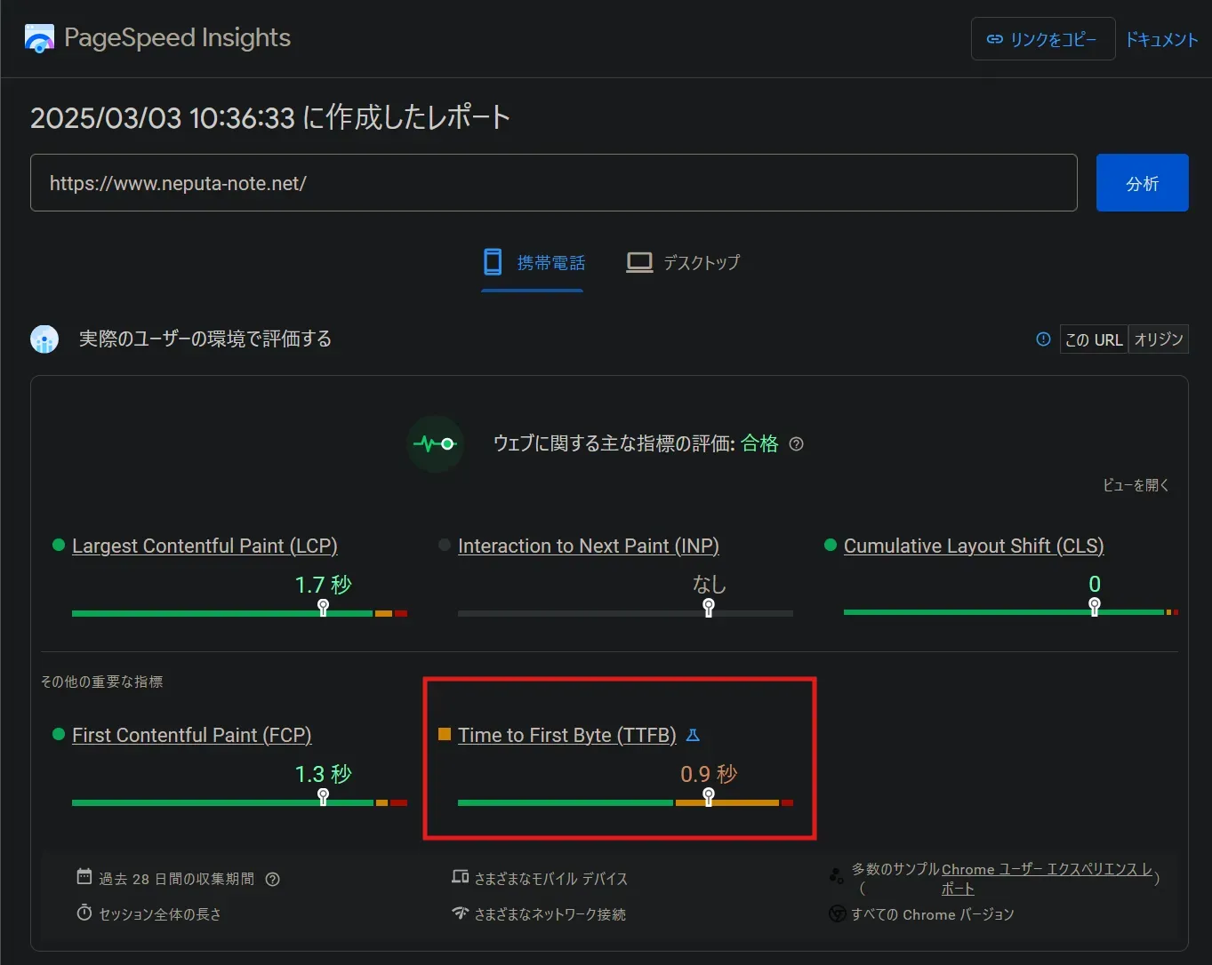 PageSpeed Insightsによる測定結果